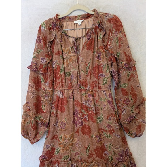 August Sky Women's Size S Floral Tiered Midi Dress Rust Orange Boho - Picture 2 of 10